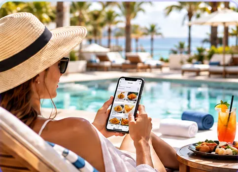 Hotel guest ordering food and drinks on a smartphone beside the swimming pool